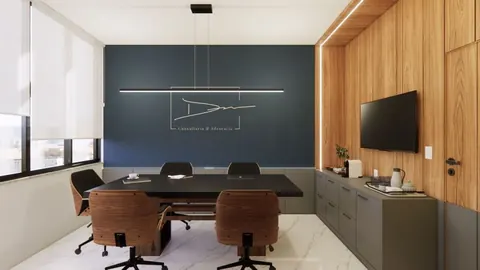 Projeto de interiores da sala de reuniões, com a marca do escritório